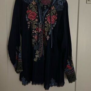 Johnny Was Navy Blouse with Floral Embroidery